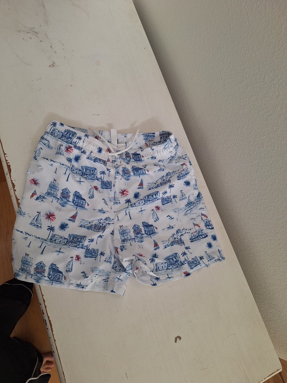 Janie and Jack White Nautical Print Swim Trunks with Blue and Red Accents